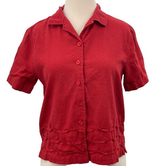 Kim Rogers Petite Womens‎ SS Button Front Linen Blend Shirt Red Rippled PS - Picture 1 of 5